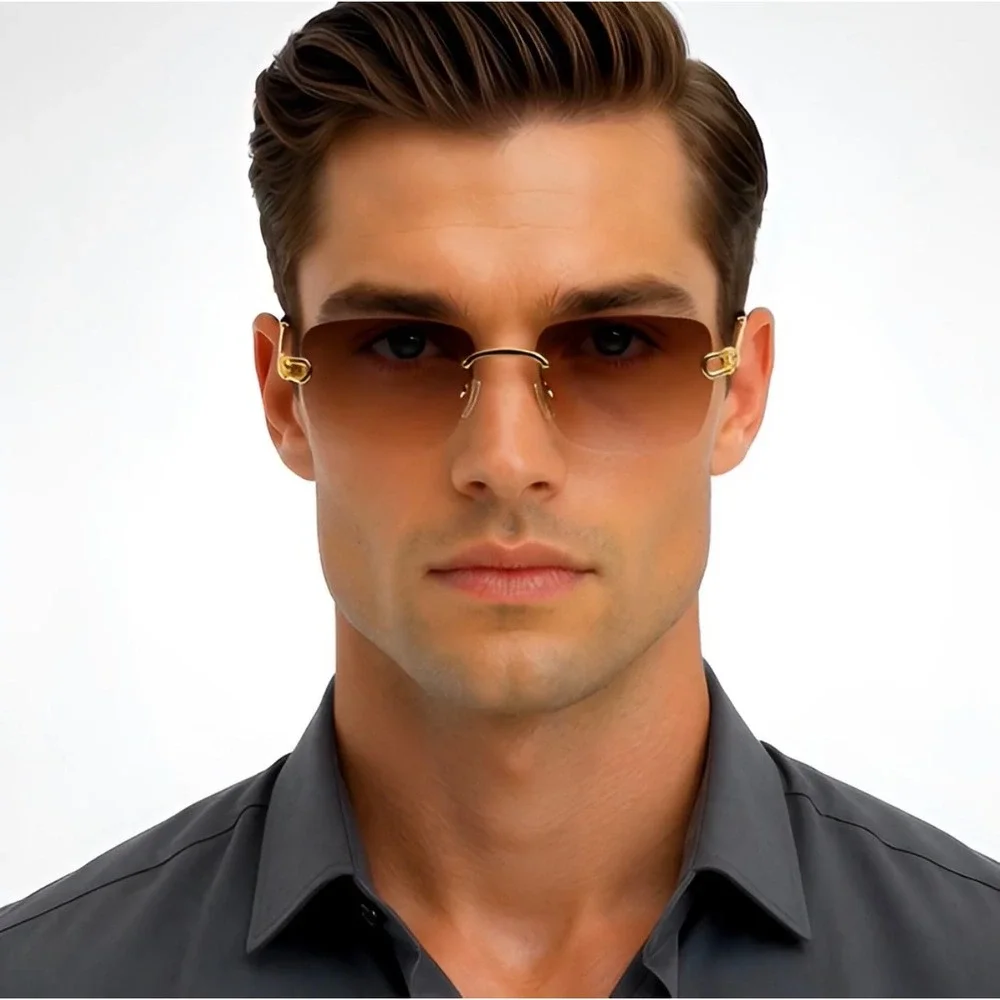 Mens Square Sunglasses Gold Twisted Metal Frame Brown‎ Gradient  Classy Shades